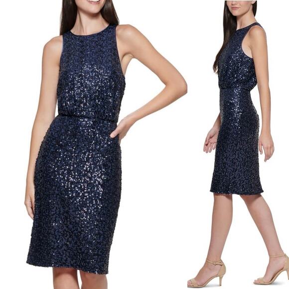 NWT Eliza J Women's Navy Sleeveless Sequin Sheath Dress. Size 8 - Picture 1 of 11